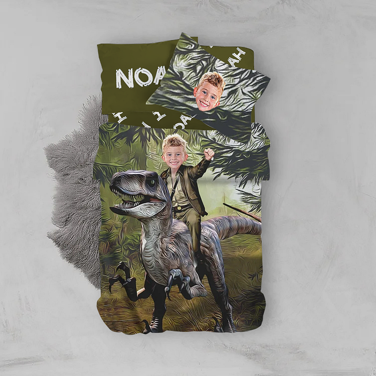 BlanketCute-Personalized Lovely Bedroom Dinosaur Bedding Set with Your Kids Name and Photo