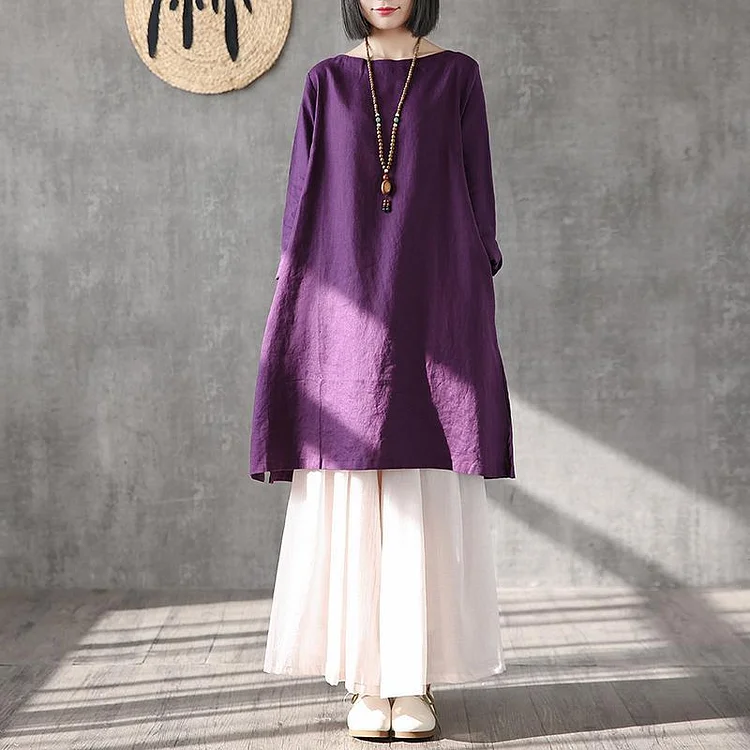 Organic purple linen Long Shirts o neck side open tunic summer Dresses