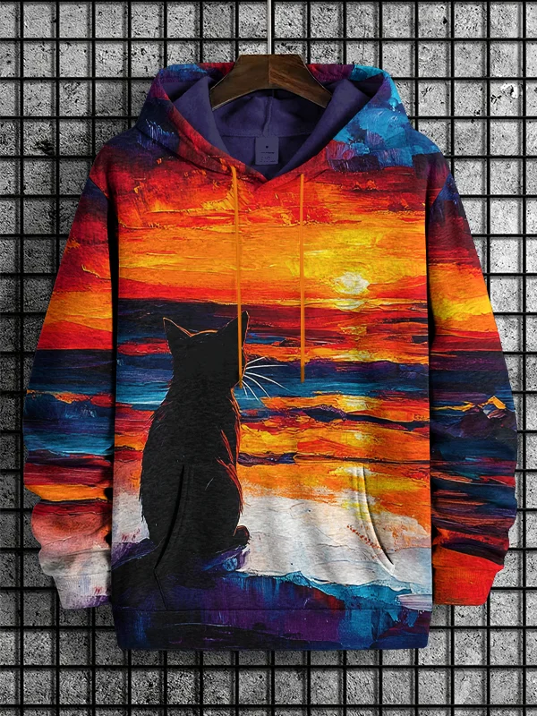 Men's Cat And Sunset Landscape Oil Painting Art Print Hooded Sweatshirt