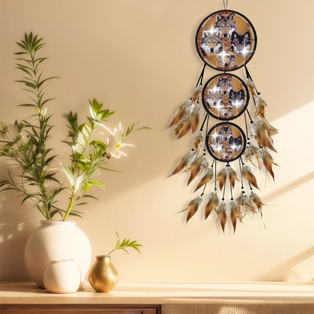 DIY Wolf Feather Wind Chime Diamond Art Hanging Pendant for Home Window Decor