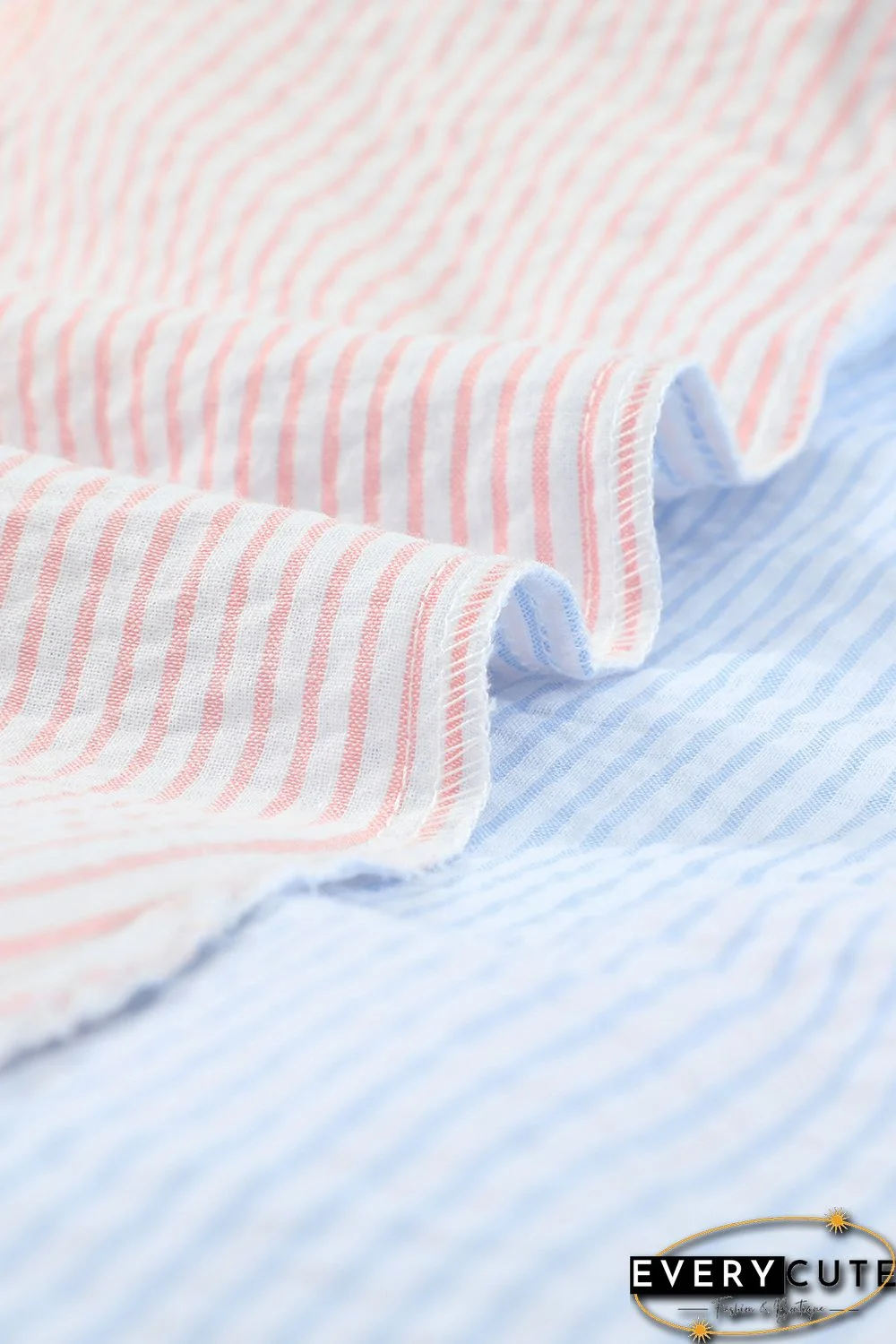 Pink Colorblock Ruffled Trim Pocket Striped Shirt