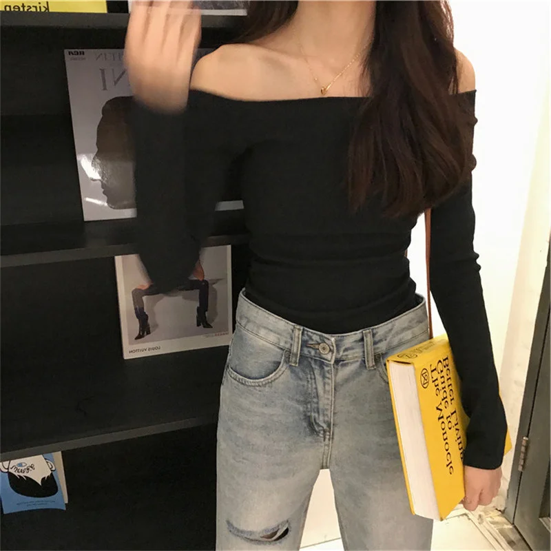 Uveng Uveng Word Shoulder Thread Jacket Female Autumn 2024 New Design Sense Niche Short T-Shirt Hot Girl Long Sleeve Bottom Shirt