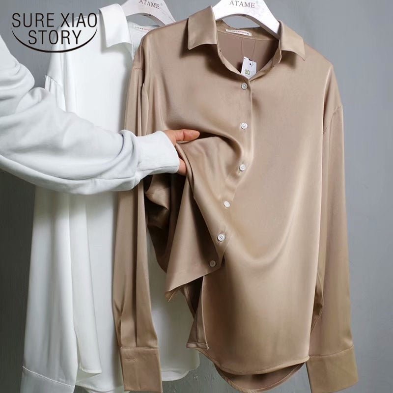 Autumn Fashion Button Up Satin Silk Shirt Vintage Blouse Women White Tops Lady Long Sleeves Female Loose Street Shirts 11355