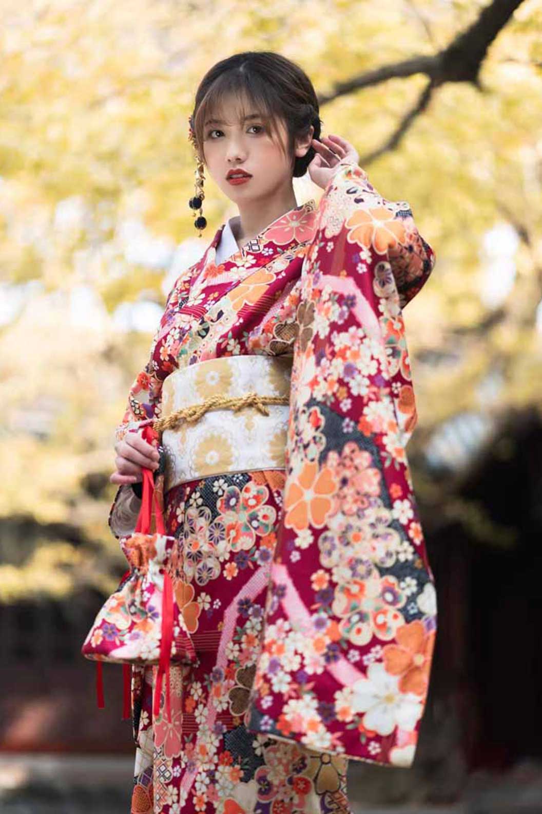 Yukata Kimono Cherry Blossom Japanese Furisode Kimono Dress in Girl Style - さんじゃまつり Stupa Stones