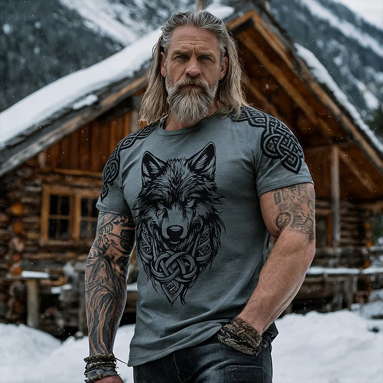 Men's Viking Wolf With Celtic Knot Print Comfy T-shirt