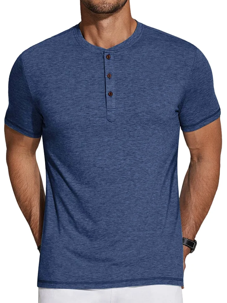 Men's Slub Cotton Button Solid Color Short Sleeve Henley T-Shirt