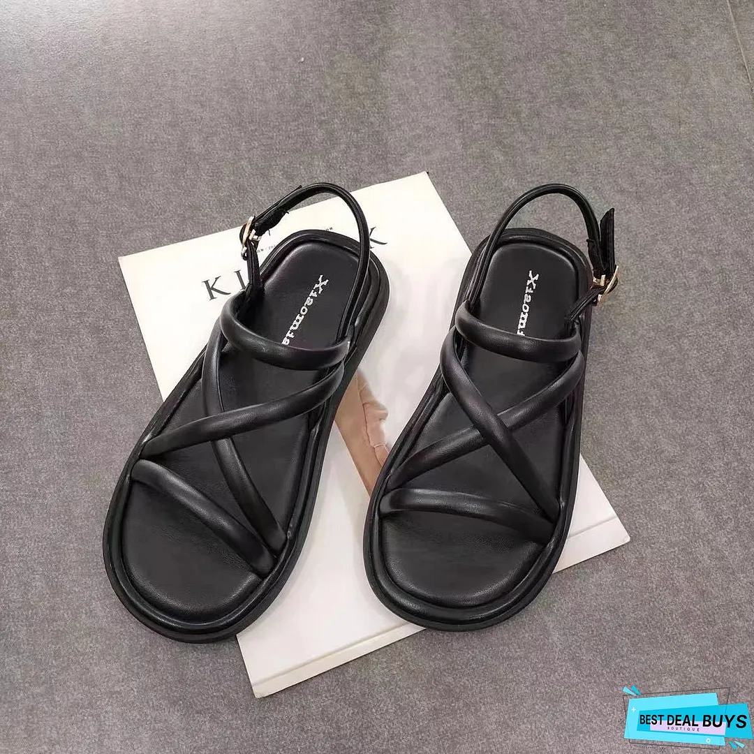 Flat Fashionable One-Strap All-Match Sandals New Summer Comfortable Cross Strap Buckle Casual Women's Sandals