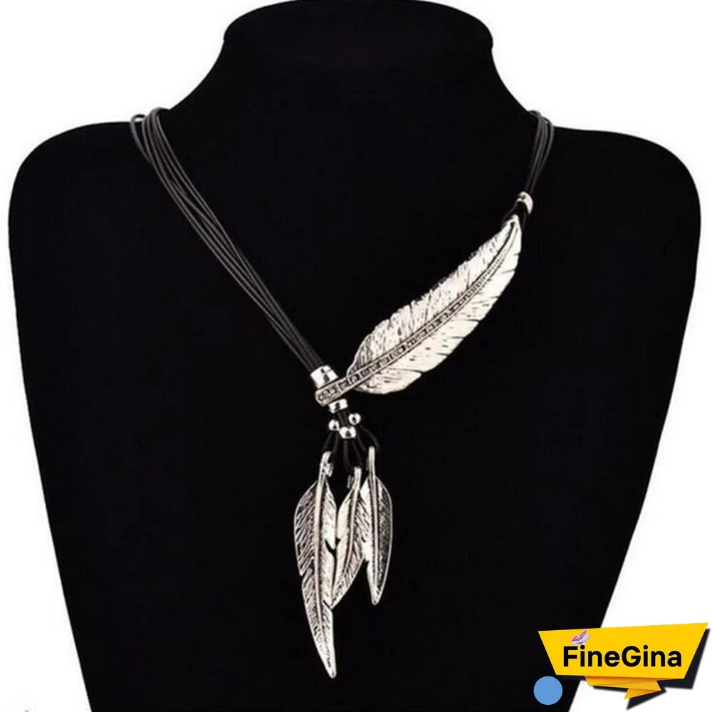 Women's Fashion Stainless Steel Feather Tree Leaf Pendant Necklace Multilayer Necklace Clavicle Chain Sweater Chain Jewelry Accessories