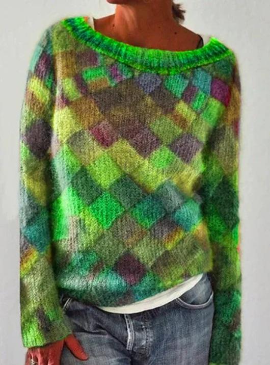 Women Long Sleeve Scoop Neck Plaid Stitching Top