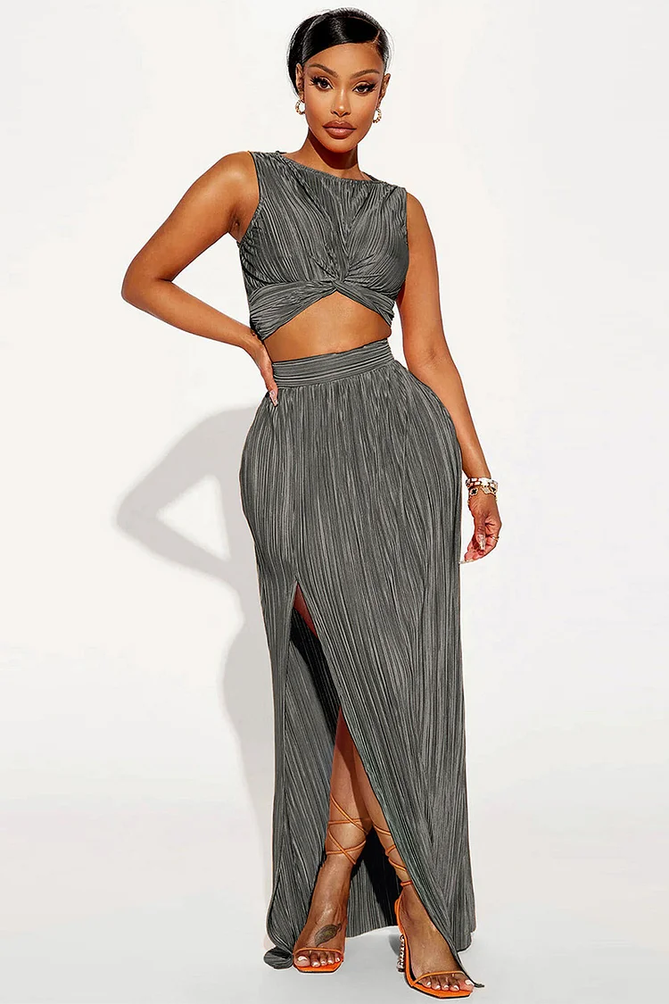 Pleated Twisted Tank Crop Top Bodycon Slit Side Vacation Maxi Skirt Matching Set