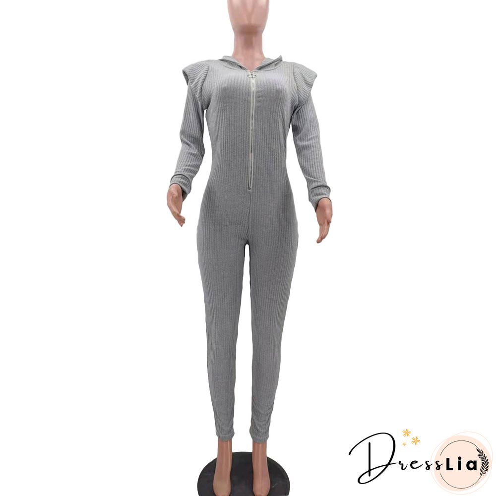 Knitted Long Sleeve Shoulder Padded Hooded Jumpsuit