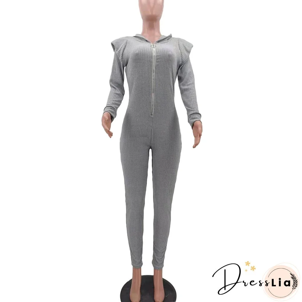 Knitted Long Sleeve Shoulder Padded Hooded Jumpsuit