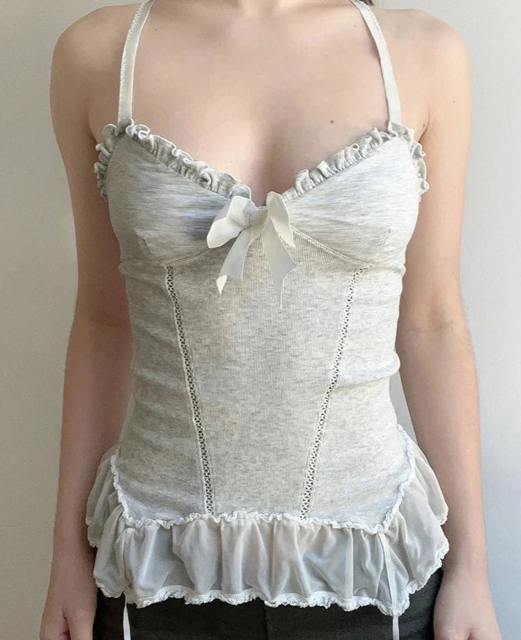 Sweet Cute Bow Lace Camis Top Slim Solid Slash Neck Sleeveless Tank Tops  Women Summer Fashion Streetwear Ladies Aiertu