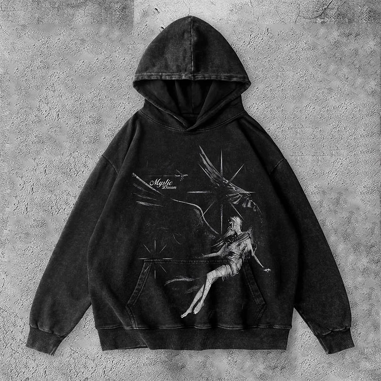 Sopula Contrast Color Unisex Angel Graphic Washed Hoodie