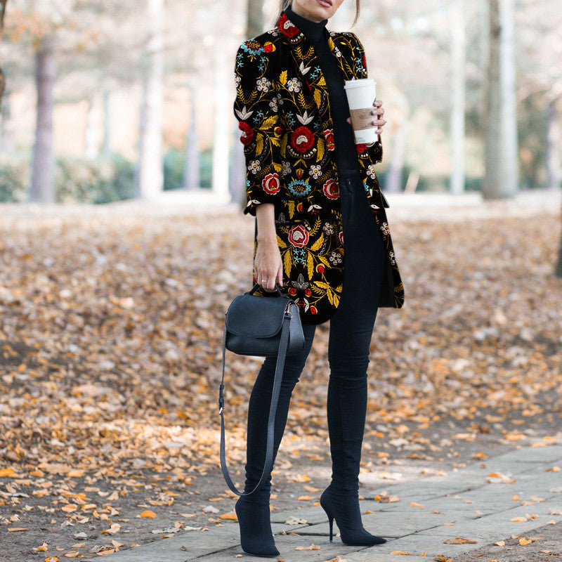 Winter Flower Print Pattern Coats Long Sleeve Vintage Coat Casual Women Slim Jacket Female