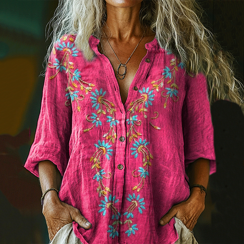 Comstylish Women's Retro Ethnic Floral Print Casual Cotton And Linen Shirt