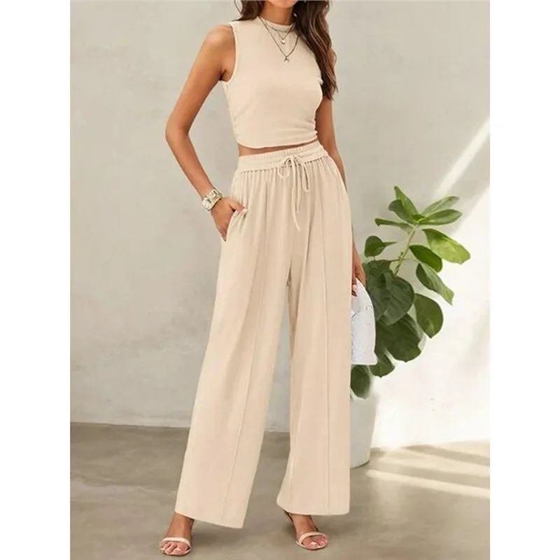 Athvotar Athvotar Summer Knitting Casual Suit Sleeveless Round Collar Short Repair Body Broad Leg Pants Two Sets