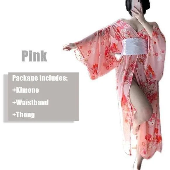 Kawaii Pink Kimono With White Bow-knot Waistband And Thong Maid Cosplay Costume SP178