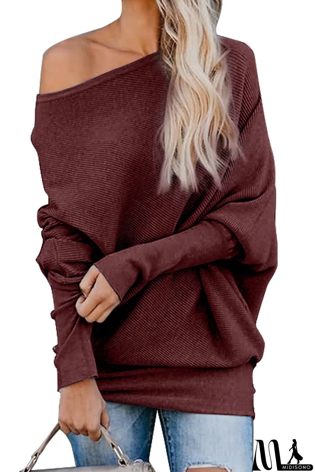 MidiSono - Wine Slouchy One Shoulder Dolman Sleeves Ribbed Sweater