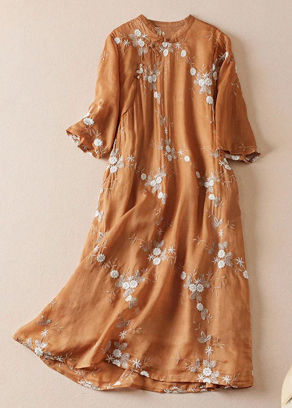 Vintage Orange Embroideried Chinese Button Patchwork Linen Dress Summer