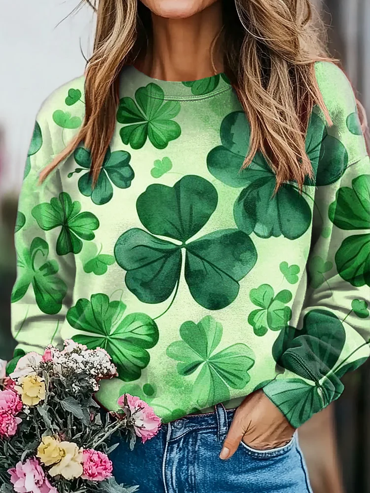 Women's Lucky Four-leaf Clover Art Print Casual Sweatshirt