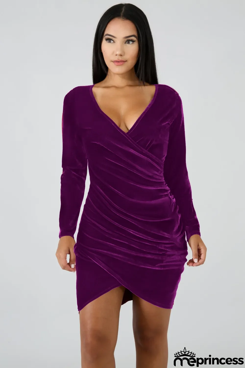 Sexy Velvet V Neck Long Sleeve Mini Dress