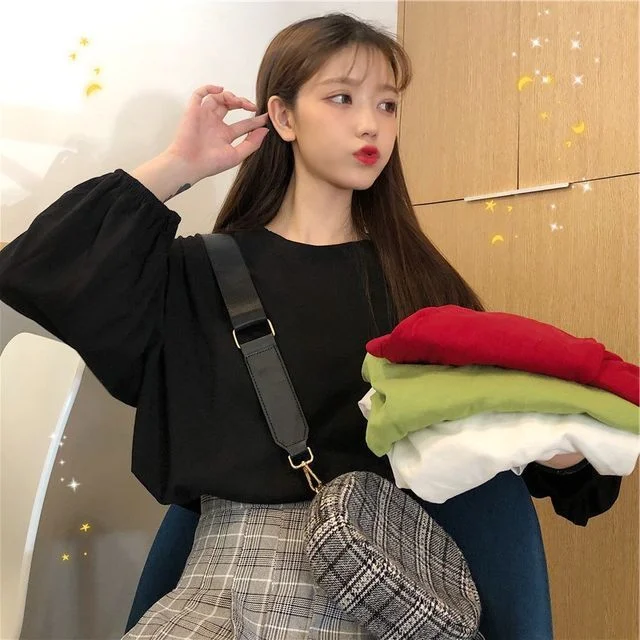 T-Shirt Round Neck Oversized Plain Long-Sleeve