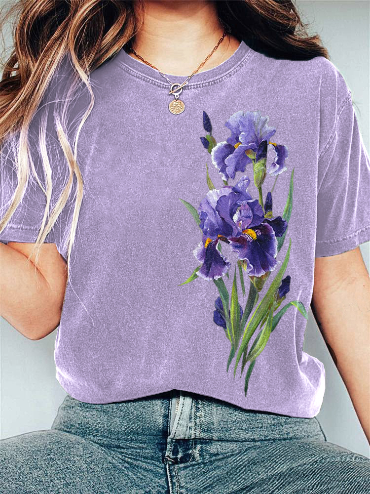 Comstylish Iris Flower Oil Painting Art Print Casual Vintage T-Shirt