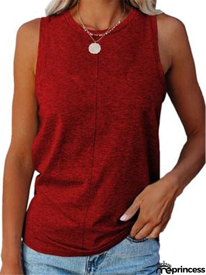 Relaxed Fit Round Neck Sleeveless Solid Color Tank Top