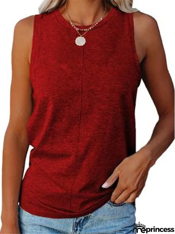 Relaxed Fit Round Neck Sleeveless Solid Color Tank Top