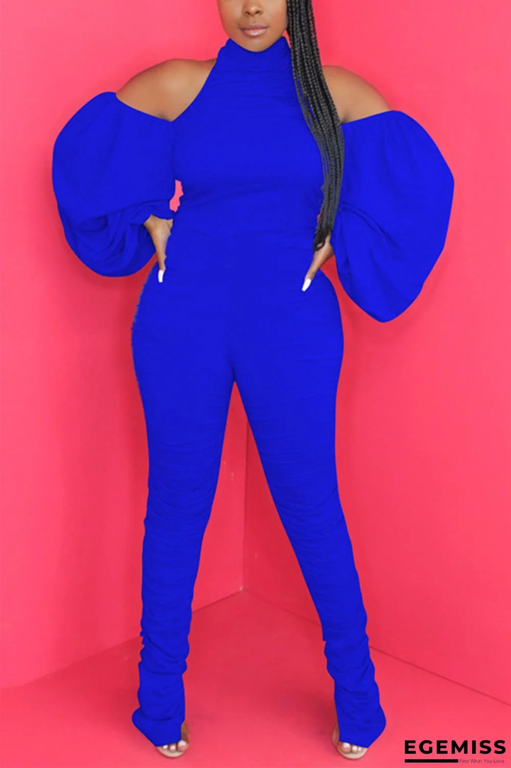 Royal Blue Sexy Turtleneck Long Sleeve Off The Shoulder Skinny Solid Jumpsuits | EGEMISS