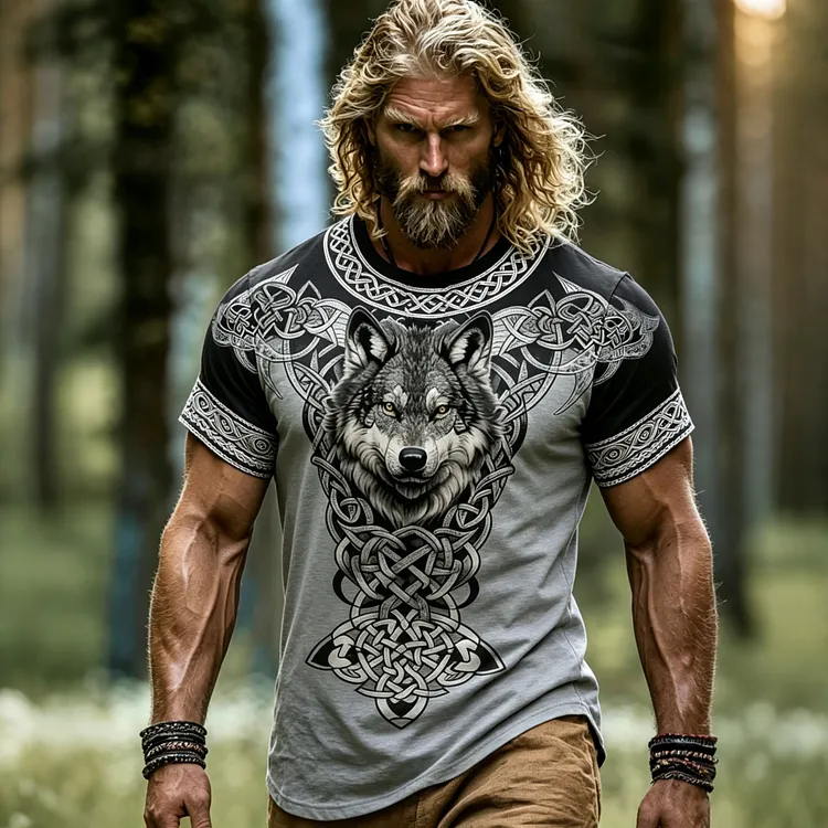 Men's Viking Wolf Totem Color Block Crew Neck Cotton Linen T-shirt