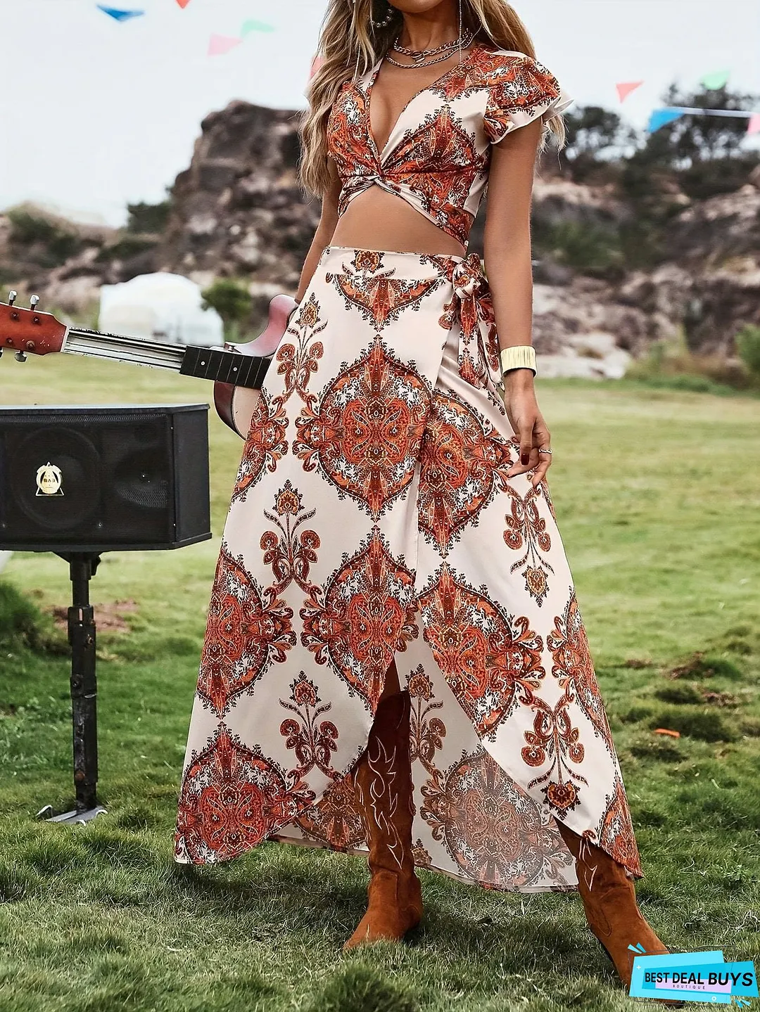 Floral Print Elegant Skirt Suit, Plunging Neck Short Sleeve Crop Top & High Waist Split A-line Skirt Outfits, Women's Clothing
