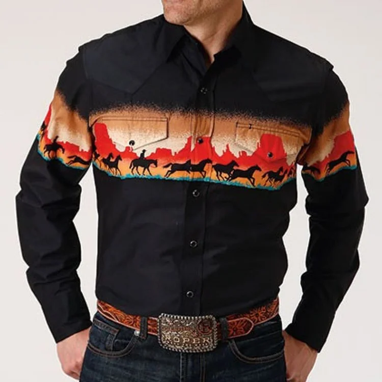 Mens Vintage Long Sleeve Western Shirt