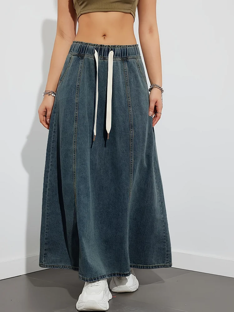 Women's Mid-Length Casual Skirt Middle Waist Fashionable And Comfortable, Skirt Long Length Denim Skirt With Flattering Fit, Flowing Hem For Spring/Summer/Fall