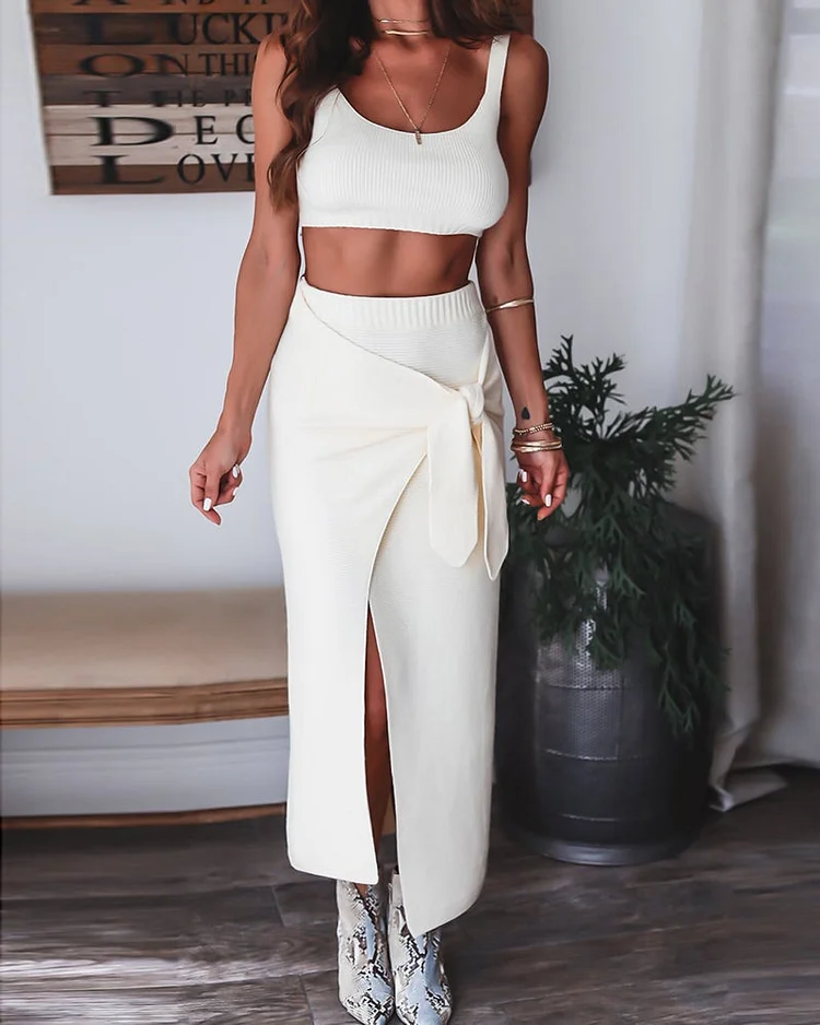 Top vest full skirt solid color two-piece set