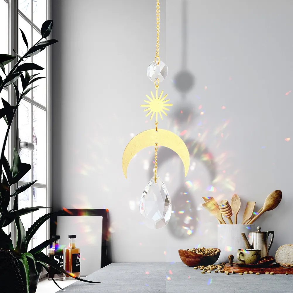 Hanging Crystal Light Catcher Metal Moon Sun Garden Wall Wind Chime (60)
