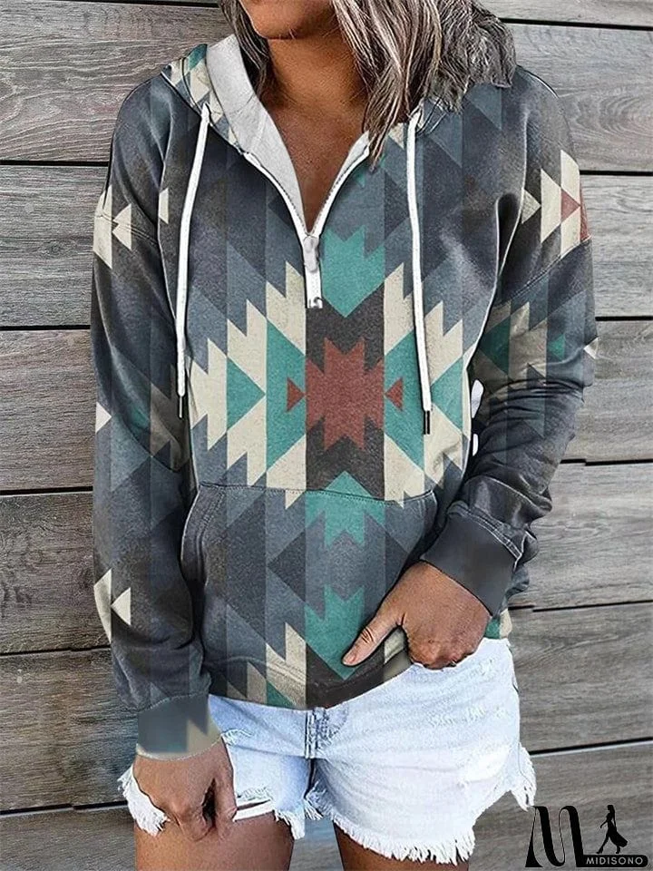 MidiSono - Women's Ethnic Diamond Printed Long Sleeve Pullover Hooded Sweatshirt