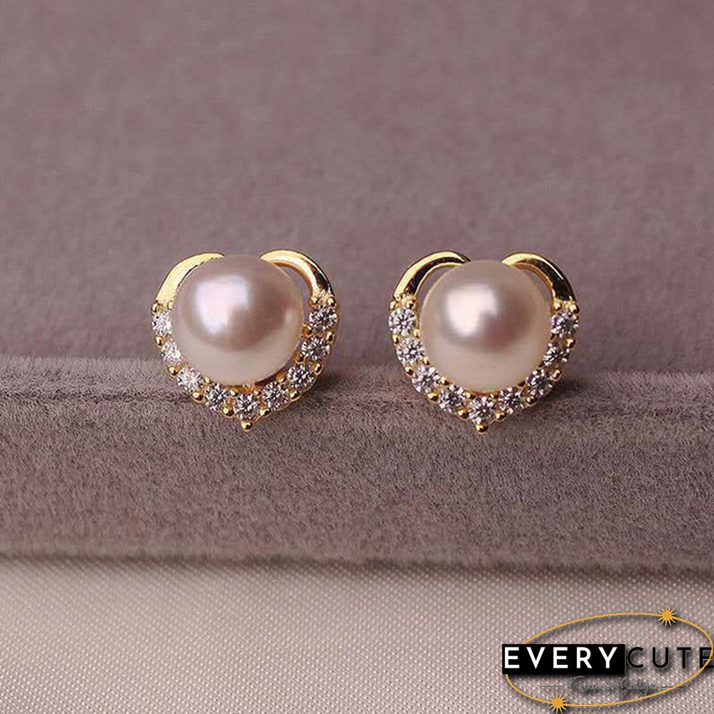 Trendy Fashion Women's S925 Silver Exquisite Pearl Heart-shaped Diamond Crystal Earrings Prevent allergy Jewelry
