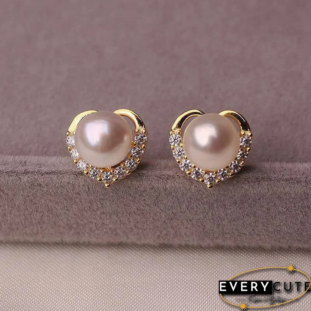 Trendy Fashion Women's S925 Silver Exquisite Pearl Heart-shaped Diamond Crystal Earrings Prevent allergy Jewelry
