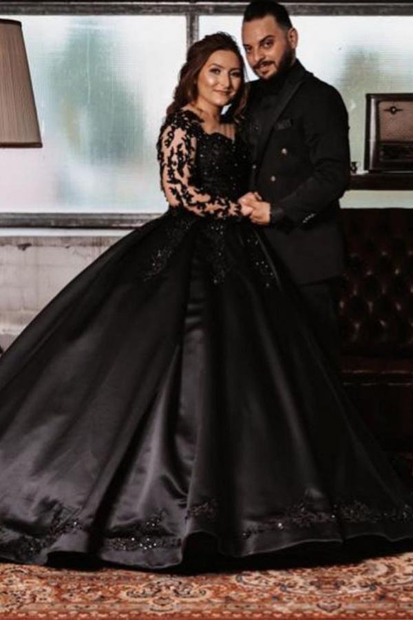 Elegant Black Long Ball Gown Satin Wedding Dress With Sleeves | Ballbellas Ballbellas