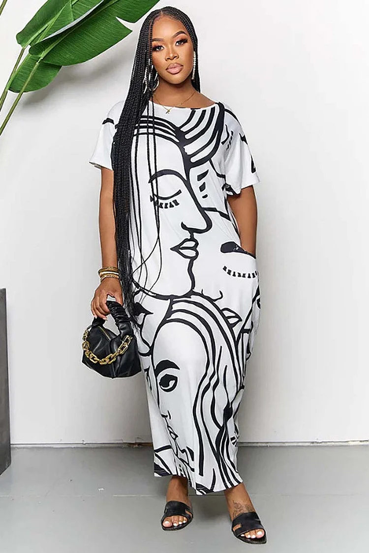 Abstract Face Doodle Printed Short Sleeve Casual White Midi Dresses