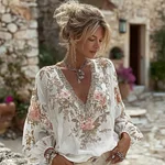 Women's Vintage Pink Floral Embroidered Art V-neck Long Sleeve Blouse - Image 3