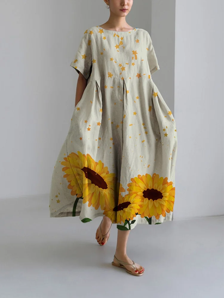 Women's Sunflower Print Loose Round Neck Medium Length Skirt Dress
