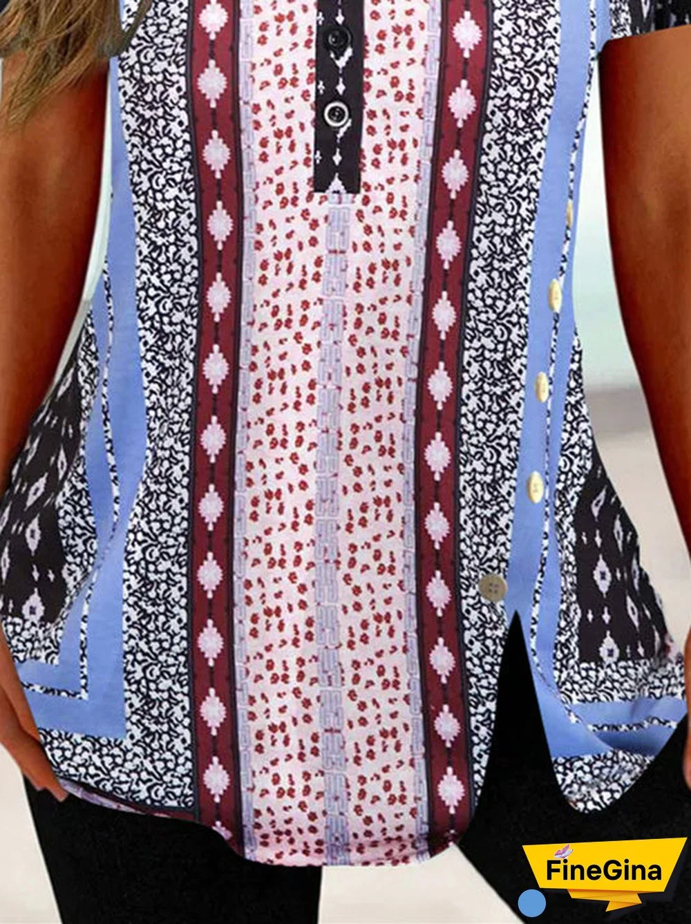 Women Short Sleeve U-neck Graphic Printed Buttons Tops