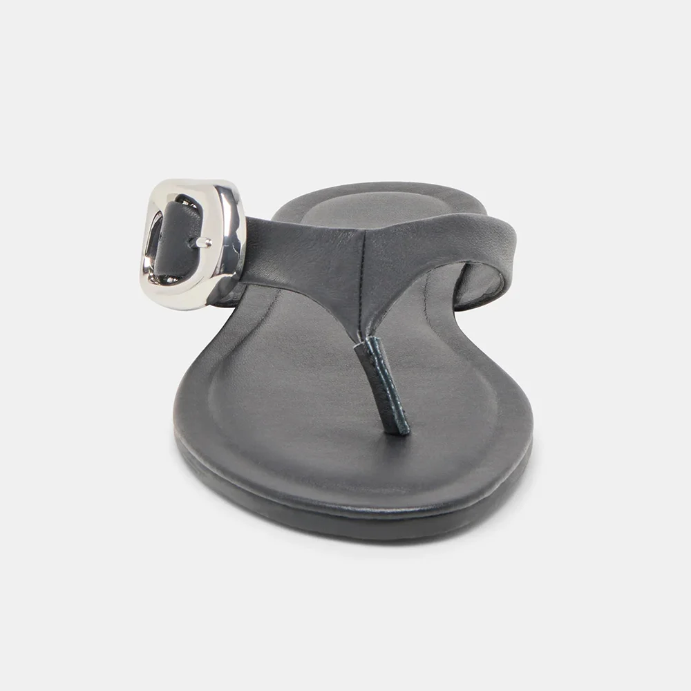 Vegan Leather Open Toe Buckle Flip Flop Black Sandals for Women