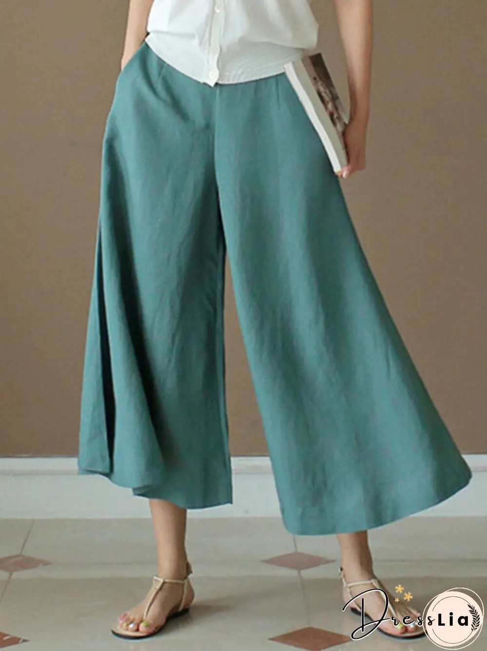 Solid A-line Pocket Loose Crop Wide Leg Pants
