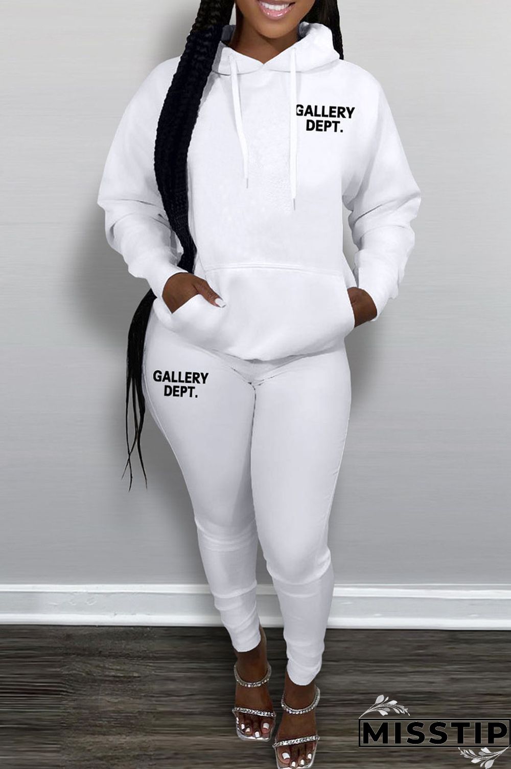 Black Casual Letter Print Patchwork Hooded Collar Long Sleeve Two Pieces