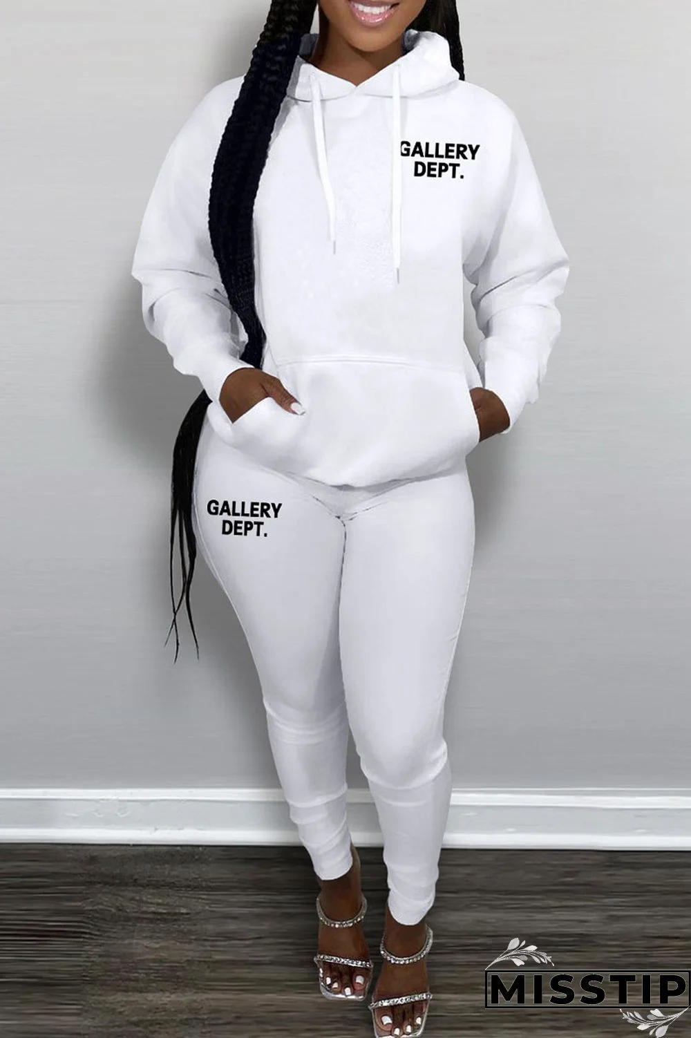 Black Casual Letter Print Patchwork Hooded Collar Long Sleeve Two Pieces