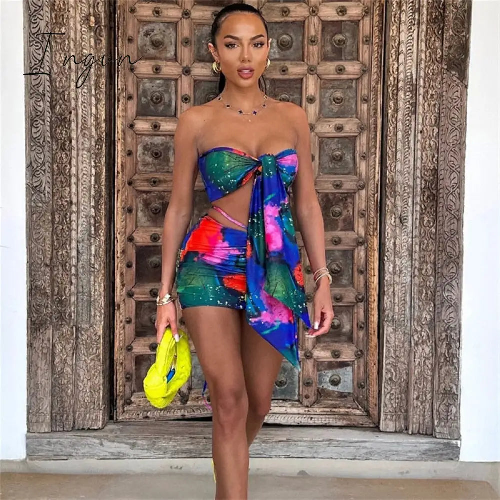 Ingvn - Print Two Piece Set Women Strapless Crop Top And Mini Skirt Female Fashion Bandage Sexy